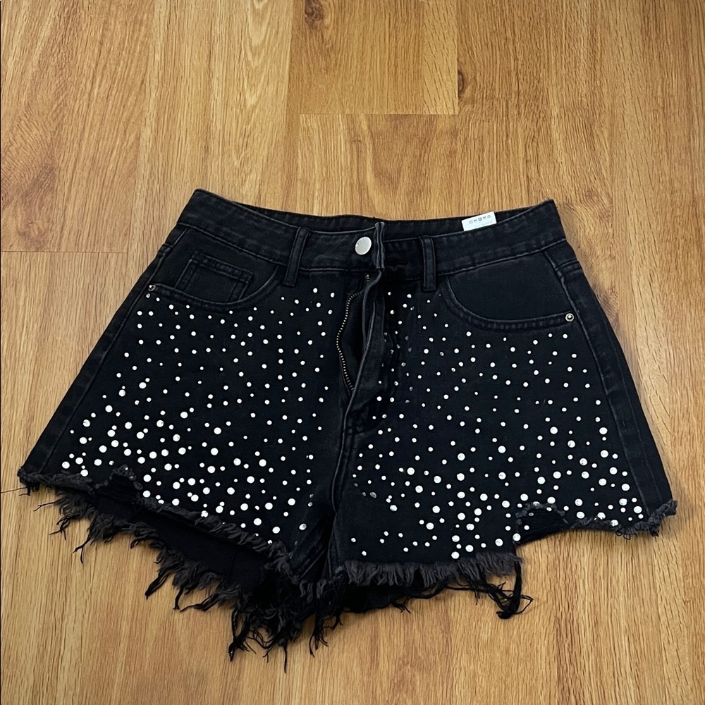 SHEIN Black Denim Shorts with White Studs